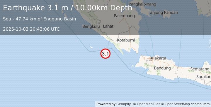 Earthquake SOUTHERN SUMATRA, INDONESIA (3.1 m) (2025-10-03 20:43:06 UTC)