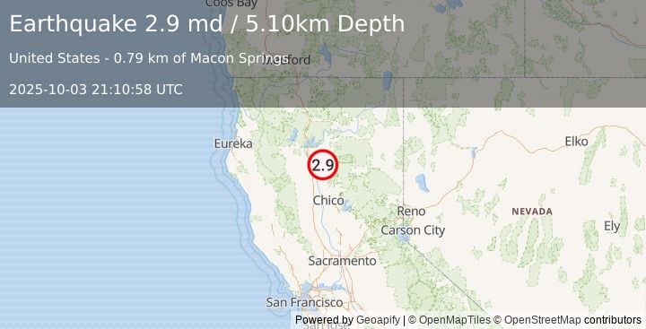 Earthquake NORTHERN CALIFORNIA (2.9 md) (2025-10-03 21:10:58 UTC)