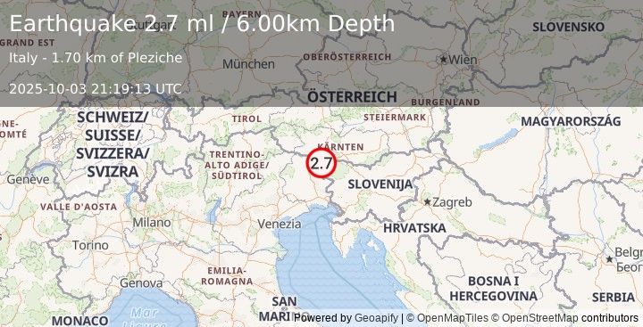 Earthquake NORTHERN ITALY (2.7 ml) (2025-10-03 21:19:13 UTC)