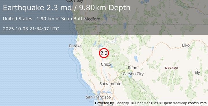 Earthquake NORTHERN CALIFORNIA (2.3 md) (2025-10-03 21:34:07 UTC)