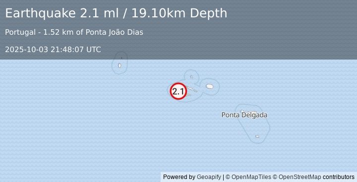 Earthquake AZORES ISLANDS, PORTUGAL (2.1 ml) (2025-10-03 21:48:07 UTC)