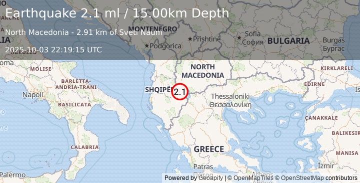 Earthquake ALBANIA (2.1 ml) (2025-10-03 22:19:15 UTC)
