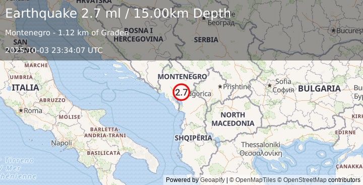 Earthquake MONTENEGRO (2.7 ml) (2025-10-03 23:34:07 UTC)