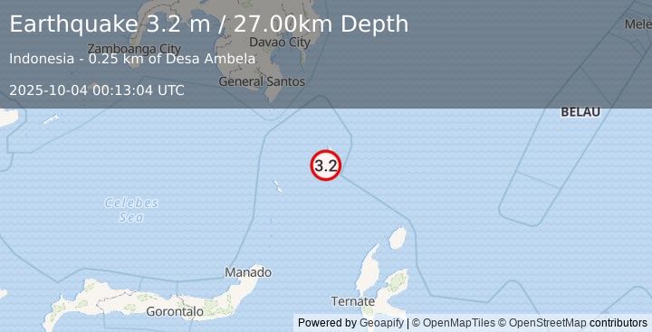 Earthquake KEPULAUAN TALAUD, INDONESIA (3.2 m) (2025-10-04 00:13:04 UTC)