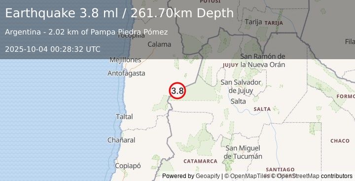 Earthquake SALTA, ARGENTINA (3.8 ml) (2025-10-04 00:28:32 UTC)