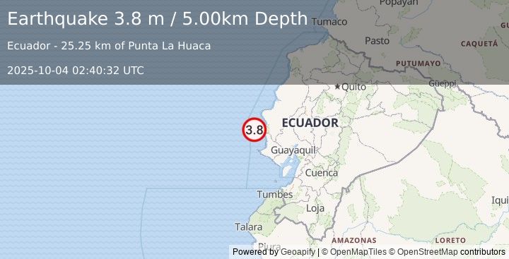 Earthquake OFF COAST OF ECUADOR (3.8 m) (2025-10-04 02:40:32 UTC)