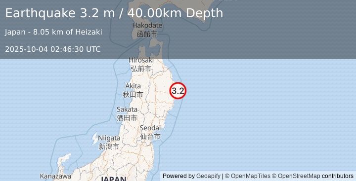 Earthquake NEAR EAST COAST OF HONSHU, JAPAN (3.2 m) (2025-10-04 02:46:30 UTC)