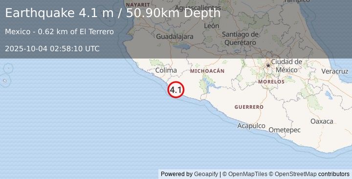 Earthquake MICHOACAN, MEXICO (4.1 m) (2025-10-04 02:58:10 UTC)