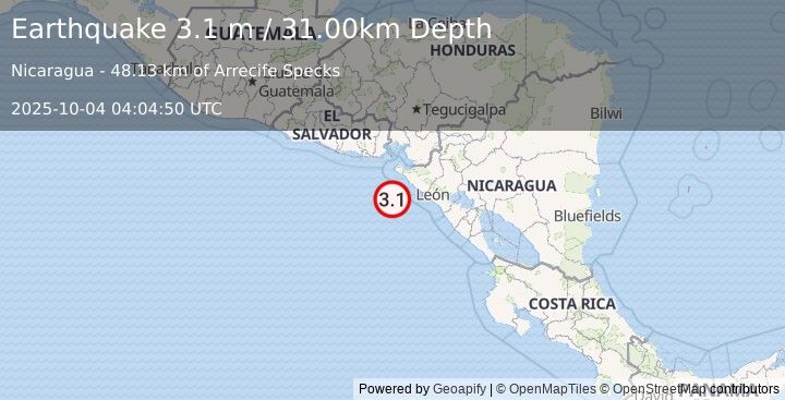 Earthquake NEAR COAST OF NICARAGUA (3.1 m) (2025-10-04 04:04:50 UTC)