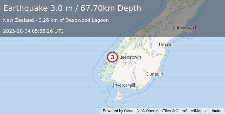 Earthquake SOUTH ISLAND OF NEW ZEALAND (3.0 m) (2025-10-04 05:35:26 UTC)