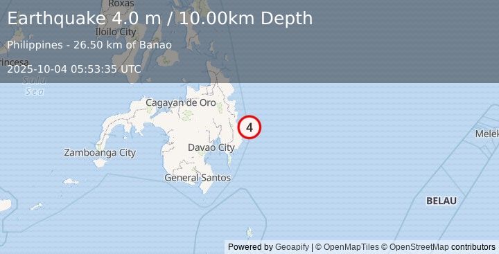 Earthquake MINDANAO, PHILIPPINES (4.0 m) (2025-10-04 05:53:35 UTC)