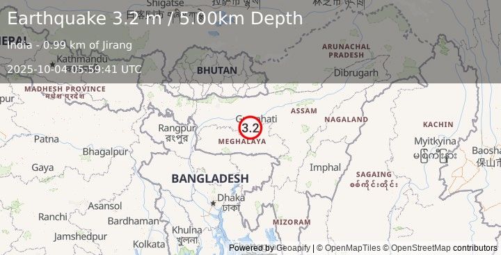 Earthquake MEGHALAYA, INDIA REGION (3.2 m) (2025-10-04 05:59:41 UTC)