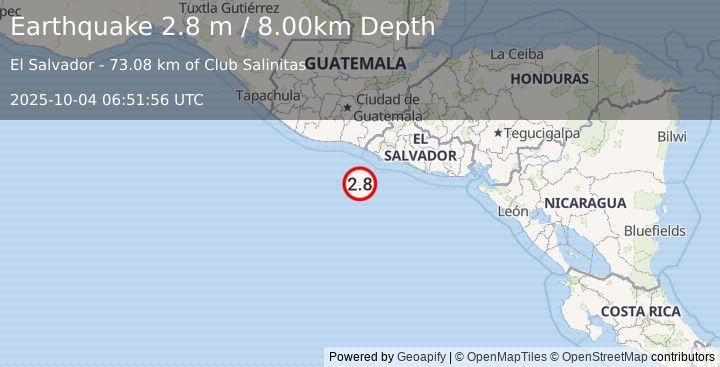 Earthquake OFFSHORE EL SALVADOR (2.8 m) (2025-10-04 06:51:56 UTC)