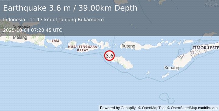 Earthquake SUMBA REGION, INDONESIA (3.6 m) (2025-10-04 07:20:45 UTC)