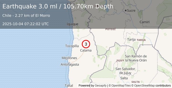Earthquake ANTOFAGASTA, CHILE (3.0 ml) (2025-10-04 07:22:02 UTC)