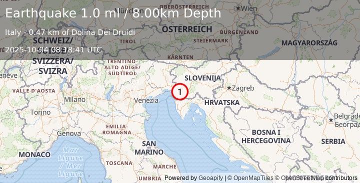 Earthquake NORTHERN ITALY (1.0 ml) (2025-10-04 08:18:41 UTC)