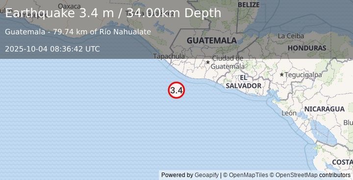 Earthquake OFFSHORE GUATEMALA (3.4 m) (2025-10-04 08:36:42 UTC)