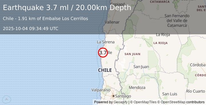 Earthquake COQUIMBO, CHILE (3.7 ml) (2025-10-04 09:34:47 UTC)