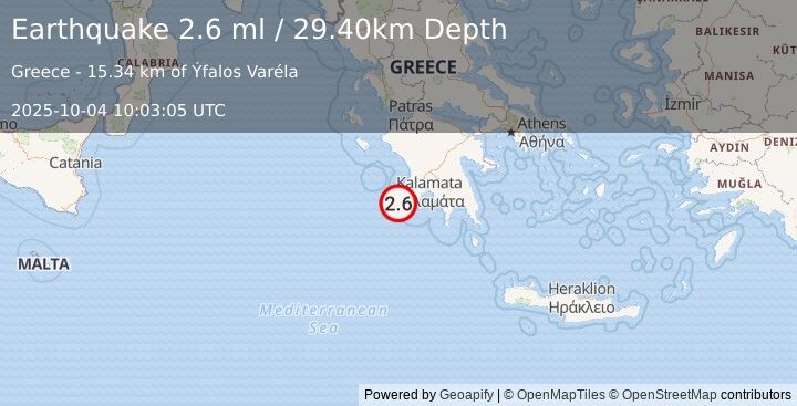 Earthquake SOUTHERN GREECE (2.6 ml) (2025-10-04 10:03:05 UTC)