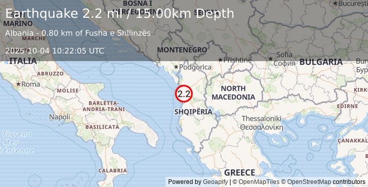 Earthquake ALBANIA (2.2 ml) (2025-10-04 10:22:05 UTC)