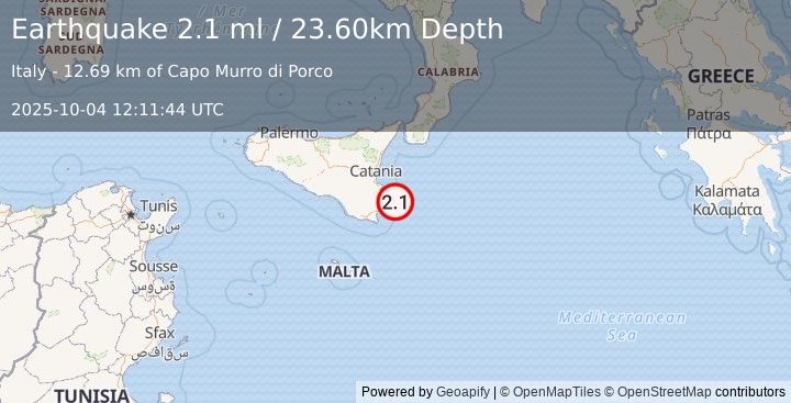Earthquake SICILY, ITALY (2.1 ml) (2025-10-04 12:11:44 UTC)
