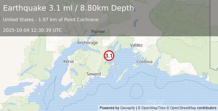 Earthquake KENAI PENINSULA, ALASKA (3.0 ml) (2025-10-04 12:30:41 UTC)