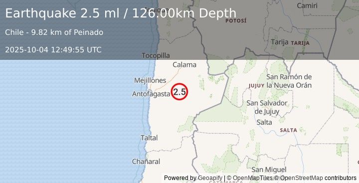 Earthquake ANTOFAGASTA, CHILE (2.5 ml) (2025-10-04 12:49:55 UTC)