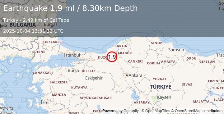 Earthquake WESTERN TURKEY (1.9 ml) (2025-10-04 13:31:33 UTC)
