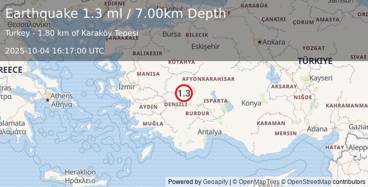 Earthquake WESTERN TURKEY (1.3 ml) (2025-10-04 16:17:00 UTC)