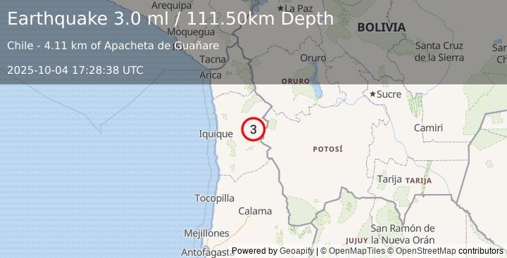 Earthquake TARAPACA, CHILE (3.0 ml) (2025-10-04 17:28:38 UTC)