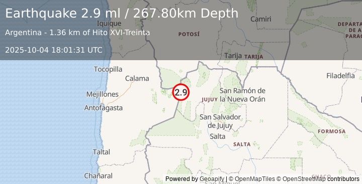 Earthquake ANTOFAGASTA, CHILE (2.9 ml) (2025-10-04 18:01:31 UTC)
