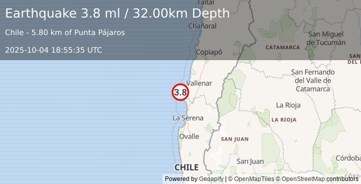 Earthquake OFFSHORE ATACAMA, CHILE (3.6 ml) (2025-10-04 18:55:32 UTC)