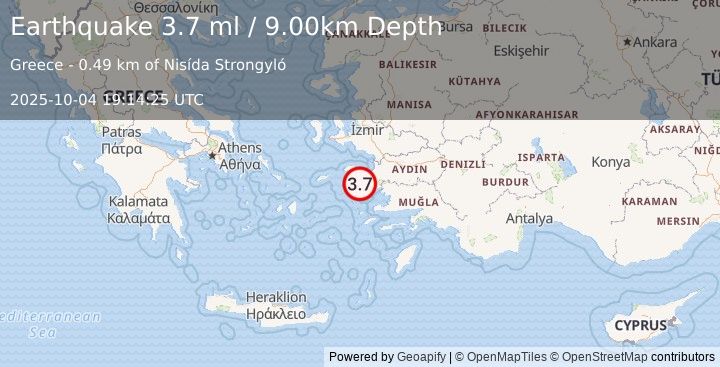 Earthquake DODECANESE ISLANDS, GREECE (3.7 ml) (2025-10-04 19:14:25 UTC)