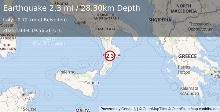 Earthquake SOUTHERN ITALY (2.3 ml) (2025-10-04 19:56:20 UTC)