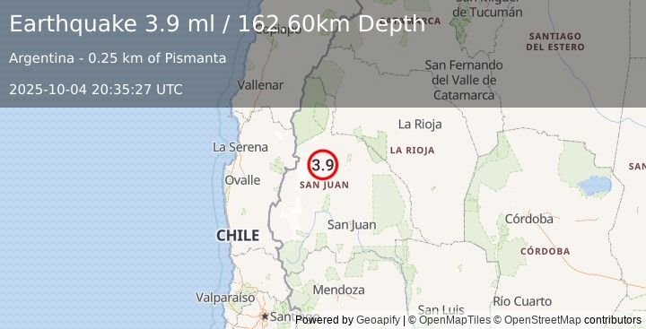 Earthquake SAN JUAN, ARGENTINA (4.0 ml) (2025-10-04 20:35:30 UTC)
