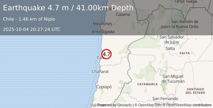 Earthquake ANTOFAGASTA, CHILE (4.7 m) (2025-10-04 20:27:24 UTC)