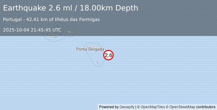 Earthquake AZORES ISLANDS REGION (2.6 ml) (2025-10-04 21:45:45 UTC)