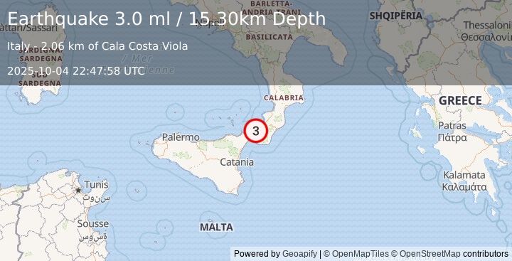 Earthquake SICILY, ITALY (3.0 ml) (2025-10-04 22:47:57 UTC)