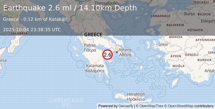 Earthquake SOUTHERN GREECE (2.6 ml) (2025-10-04 23:38:33 UTC)