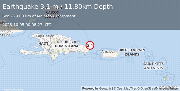 Earthquake DOMINICAN REPUBLIC REGION (3.1 m) (2025-10-05 00:08:27 UTC)