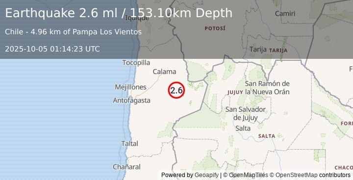 Earthquake ANTOFAGASTA, CHILE (2.6 ml) (2025-10-05 01:14:23 UTC)
