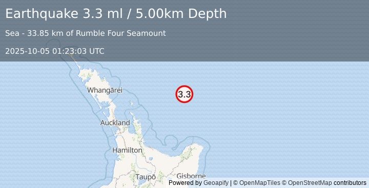 Earthquake OFF E. COAST OF N. ISLAND, N.Z. (3.3 ml) (2025-10-05 01:23:03 UTC)