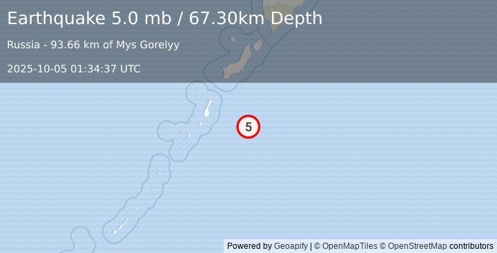 Earthquake EAST OF KURIL ISLANDS (5.3 mb) (2025-10-05 01:34:33 UTC)