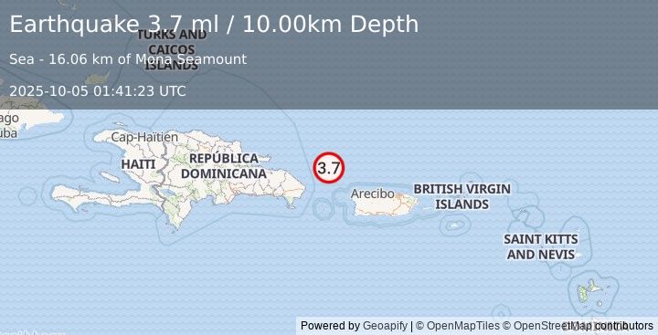 Earthquake DOMINICAN REPUBLIC REGION (3.7 ml) (2025-10-05 01:41:23 UTC)