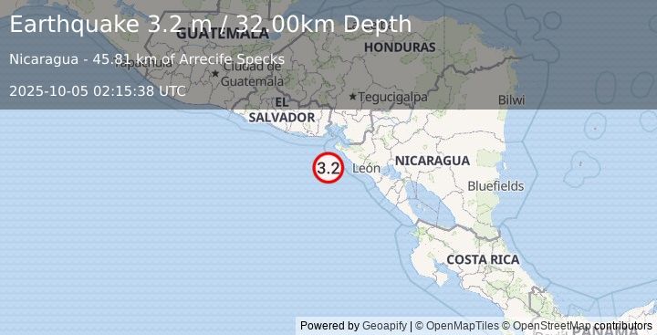 Earthquake NEAR COAST OF NICARAGUA (3.2 m) (2025-10-05 02:15:38 UTC)
