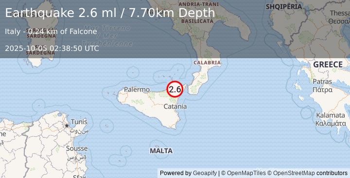 Earthquake SICILY, ITALY (2.6 ml) (2025-10-05 02:38:50 UTC)