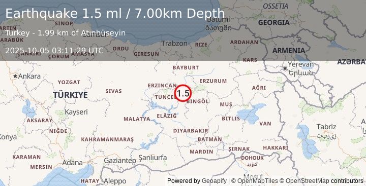 Earthquake EASTERN TURKEY (1.5 ml) (2025-10-05 03:11:29 UTC)