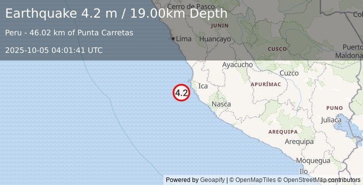 Earthquake NEAR COAST OF CENTRAL PERU (4.2 m) (2025-10-05 04:01:41 UTC)