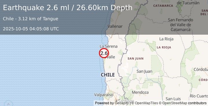 Earthquake COQUIMBO, CHILE (2.6 ml) (2025-10-05 04:05:08 UTC)