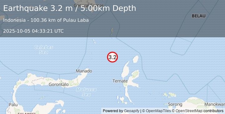 Earthquake MOLUCCA SEA (3.2 m) (2025-10-05 04:33:21 UTC)